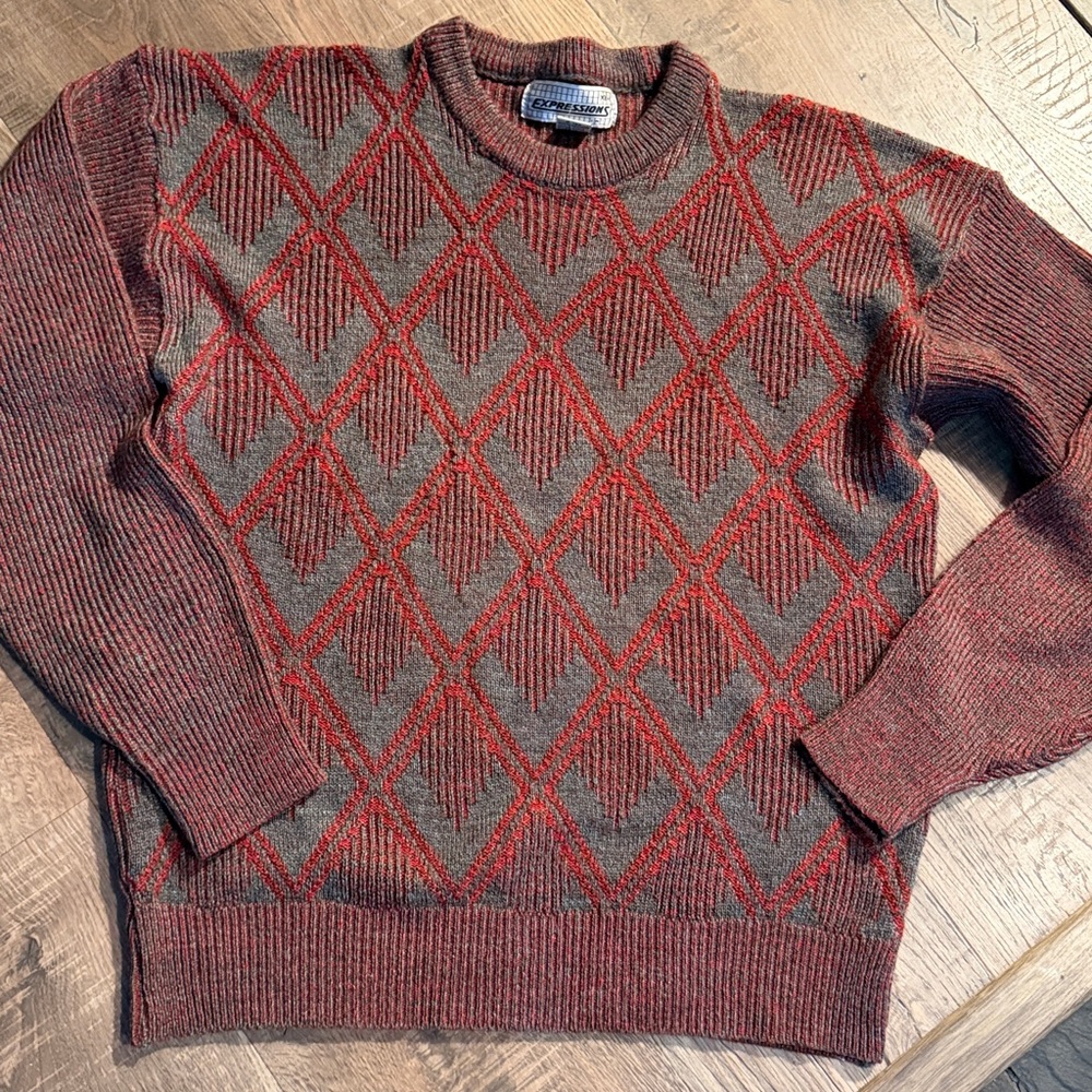 RED GRAY RARE Acrylic DIAMOND KNIT Sweater Men’s XL Pullover 90s 80s y2k vintage